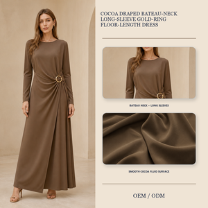 Abito Lungo da Donna Color Cacao con Scollo a Bateau, <span class=keywords><strong>Maniche</strong></span> <span class=keywords><strong>Lunghe</strong></span> e Anello Dorato, Produttore di Abiti Personalizzati OEM & ODM - Product Image 1