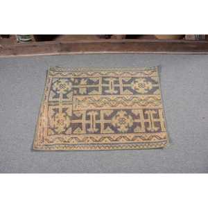Vintage Turkish Small Eco-Friendly <b>Wool</b> Rug 1.6x2.1 ft (48x65 Cm) <b>Brown</b> Patchwork Latex Backing - Product Image 4