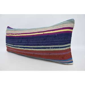 Almohada de lana a rayas vintage azul de 16x36 pulgadas, acento decorativo de estilo étnico con relleno de plumas para decoración de sofá y asiento de coche - Product Image 4