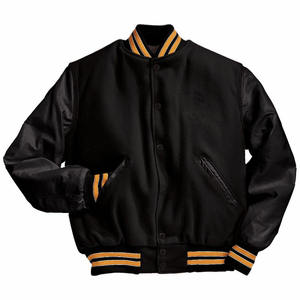 Chaqueta universitaria del equipo escolar de béisbol American Letterman para hombre, Mangas de lana negra y cuero real negro, líneas blancas y negras - Product Image 6