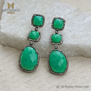 ต่างหูเพชรพลอย Chrysoprase ต่างหูเงินสเตอร์ลิง925ชุดปาร์ตี้ต่างหูอัญมณี - Product Image 4