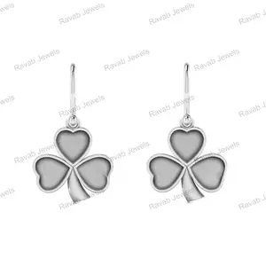 925 Sterling Silver Jewelry Good Quality Shamrock Clover 9mm Three Leaf Stone Setting Resin Blank Bezel Dangle Women Earring