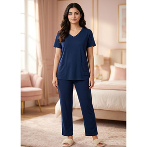 Women Navy Blue V-Neck Short Sleeve Casual <b>Pajama</b> Set Knitted Cotton Soft Full Length Elastic Waist Machine-Washable Sleepwear - Product Image 3