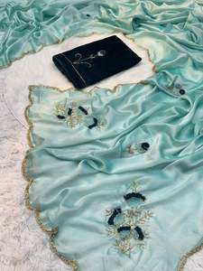 "Precioso Sari de seda con borde Cutdana de tres capas con estampado floral para mujer" - Product Image 3