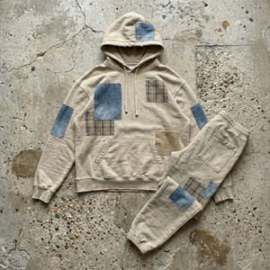 Conjunto de Sudadera con Capucha y Pantalones Deportivos para Hombre, Estilo Patchwork, Lavado Ácido, Estampado Personalizado, Algodón Beige Transpirable y Grueso - Product Image 1