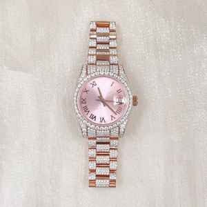 Montre d'affaires de luxe antique 20mm cadran rose fenêtre chiffres romains pleine coupe glacée Moissanite diamant de haute qualité en acier inoxydable - Product Image 1