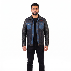 Hunt Gear Men's Casual <b>Denim</b> Jackets & <b>Coats</b> with Leather Sleeves Button Fly Stonewashed Regular Fit Solid Pattern Autumn - Product Image 1