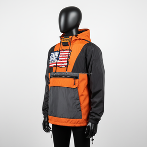 Chaqueta cortavientos de poliéster de nailon de primera calidad, chaqueta cortavientos con estampado de logotipo personalizado impermeable con bloque de Color gris naranja para hombre - Product Image 3