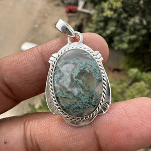 Collar con Colgante de Piedra Preciosa de Ágata Musgosa Natural |   Joyería Hecha a Mano de Plata de Ley 925 de Estilo Bohemio Sin Cadena - Product Image 2