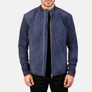 <b>Men's</b> Blue Suede Bomber <b>Jacket</b> Stand Collar Zip Front Casual Slim Fit Regular Length Autumn Wear - Product Image 1
