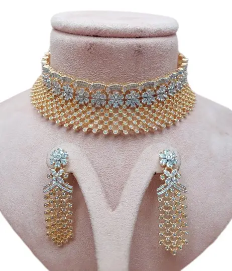 Grosir desain perhiasan pengantin kalung Choker Zircon CZ berlapis emas Set kalung Choker untuk wanita