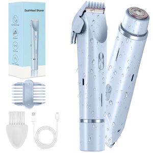 Afeitadora Eléctrica Doble Cabezal para Mujer, Uso en Seco/Húmedo, IPX7, 3 en 1, Recortadora de Bikini, Doble Cuchilla, Azul Claro, para Rostro, Piernas y Línea del Bikini, Lavable - Product Image 2