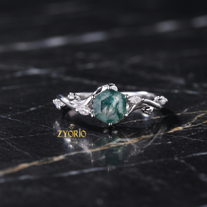 Anillo de Compromiso de Plata 925 con Ágata Musgosa Hexagonal, Anillo Inspirado en la Naturaleza con Diseño de Hojas y Enredaderas - Product Image 2