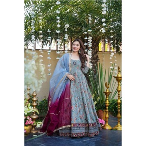 Vestido Anarkali de Organza de Seda con Estampado Digital, Listo para Usar, para Bodas, Vestido Pakistaní para Exportación Mundial - Product Image 1