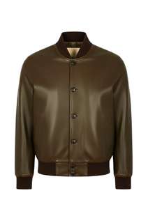 Veste bomber en cuir véritable pour homme avec col côtelé, design classique à boutons sur le devant - Product Image 2