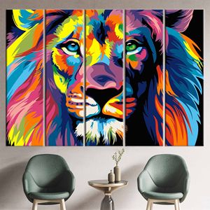 Arte en lienzo moderno con estampado colorido de león para una decoración elegante del hogar, 5P:Gallery Wrapped - Product Image 1