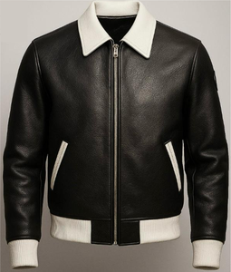 Chaqueta de Cuero Genuino para Hombre, Estilo Clásico y Moderno, Cuello Alto, Logotipo Frontal, Estilo Motero, Impermeable, para Invierno - Product Image 3