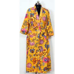 Floral Kimono Robe Japanese Style Hand Block Leaf Printed Pure Cotton <b>Cardigan</b> Stylish Thermal Wrap for Summer-for Night Gown - Product Image 2