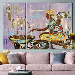 Authentic Nigerian Art <b>Canvas</b>: African Mother Cooking Print,3P: White <b>Framed</b> - Product Image 1