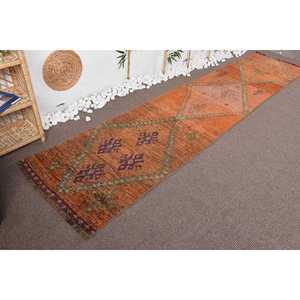 Tapis de couloir vintage 2,7x12,3 pieds, tapis abstrait orange et vert en laine - Product Image 4