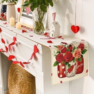Tovaglia Quadrata Riutilizzabile in Lino Moderno, Runner da Tavola Serie Red Dwarf Love Stampata, Decorazione per <span class=keywords><strong>Cucina</strong></span> San Valentino, Vendita Transfrontaliera - Product Image 4