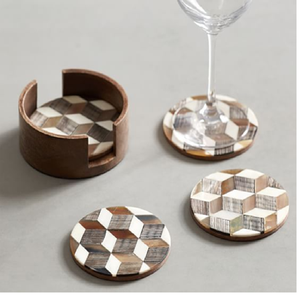 Sous-verres ronds en marbre et en bois à illusion géométrique 3D avec support. Disponible à prix de gros. - Product Image 1