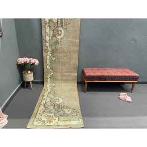 Turkish <b>Runner</b> Rug 2.8x10.3 ft, Brown <b>Green</b> Striped Rug Wool - Product Image 1