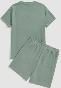 Conjunto de Camiseta de punto pesado informal a la moda para hombre, cuello redondo, sencillo, corto, transpirable, ligero, holgado, de talla grande, de dos piezas, de verano - Product Image 2