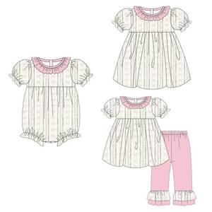 儿童服装批发 女童短袖罩衫连衣裙 蝴蝶结花卉印花儿童灯笼裤套装 荷叶边领女婴服装套装 - Product Image 1