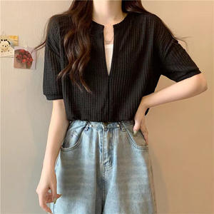 Oem Customized logo Design New Trendy <b>Women's</b> Faux Two Piece V Neck Loose Top Waffle Short Sleeved <b>White</b> <b>T</b> <b>Shirt</b> - Product Image 6