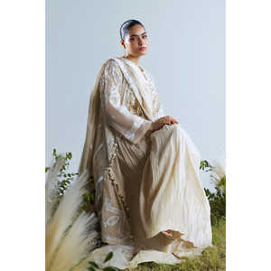 Conjunto de 3 Piezas de Salwar Kameez Mehsuri Bordado con Pantalón de Seda Cruda Hecho a Mano, Lehenga Pakistaní para Festivales - Modelo FE-52161 - Product Image 4