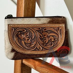Porte-monnaie en cuir de vachette véritable usiné à la main pour femmes de l'Ouest porte-monnaie en cuir de vachette avec fermeture éclair Mini portefeuille en cuir personnalisé - Product Image 1