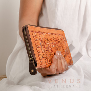 High Quality Women's Genuine Leather Purse Wallet Fashionable <b>Long</b> Design Clutch <b>Bag</b> with Open Closure and Decorative Feathers - Product Image 5