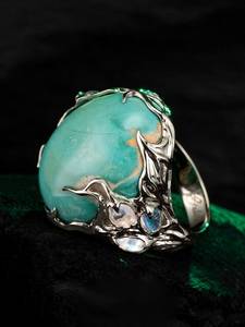 Joyería fina unisex, elegante anillo bohemio con piedra lunar blanca turquesa, Adularia natural piedra preciosa, certificado IGI para fiesta - Product Image 2
