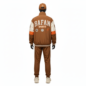 Ensemble veste et pantalon coupe-vent pour homme, tissu polyester léger, brun, panneaux crème, logo transfert thermique, taille plus, ensemble coupe-vent - Product Image 2