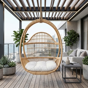 Fauteuil suspendu en rotin naturel Subaliu, chaise balançoire de jardin extérieure Kosovo HC avec coussin en sergé, décoration de patio, design artistique pur - Product Image 2
