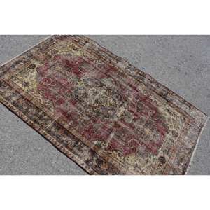 Alfombra turca Vintage roja y Beige, área grande clásica, 3,7x6,1 pies, respaldo de látex de lana, patrón abstracto, rectángulo de retazos de 10mm - Product Image 4