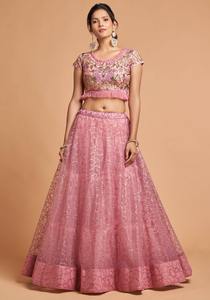 Robe de soirée de mariage rose, filet lourd avec séquence brodée indienne Lehenga Choli avec Blouse, nouvelle collection 2022 - Product Image 2