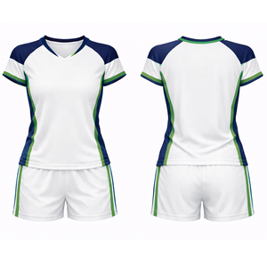 Uniforme de Voleibol Personalizado de Alta Calidad con Logotipo, Blanco con Detalles Azul Marino en los Hombros, Conjunto de Jersey de Voleibol de Secado Rápido - Product Image 3