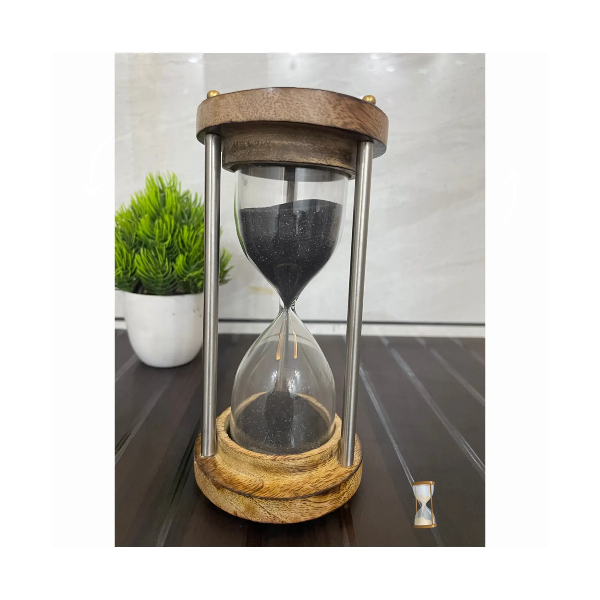 New 5 ''Náutico Antique Brass Sand Timer relógio Stand Areia Relógio De Madeira Ampulheta Escola Escritório Casa Verde Areia com anel de latão