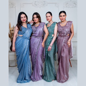 ผ้าส่าหรีแบบห้อยที่เตรียมไว้อย่างงดงามสีน้ำเงินประกายประดับด้วยมือที่ประณีตเหมาะสำหรับเทศกาล - Product Image 4