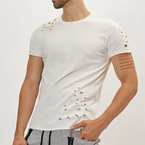 Cuello redondo Moda Logotipo personalizado Hombres Camisetas sueltas 100% Algodón Desgastado Casual Manga corta 100% algodón Camisetas de angustia - Product Image 5