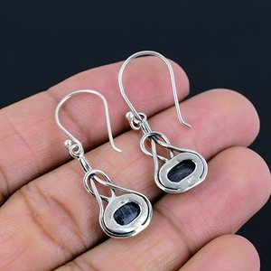 Vintage Style 925 Sterling <b>Silver</b> Kyanite Drop Earrings Indian Handmade Customizable Unisex Women's Jewelry - Product Image 3