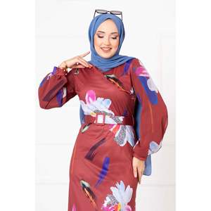 Robe à motifs floraux bordeaux manches en mousseline de soie imprimée sur mesure taille XL longueur genou ODM fourni volants Appliques Spandex - Product Image 2