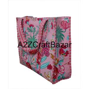 Sac fourre-tout en coton matelassé pour femmes, écologique, grand format, imprimé à la main, style bohème rayé, pour le transport quotidien, exposition - Product Image 5