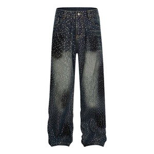 Jean droit en denim délavé pour homme, style streetwear personnalisé, avec strass, haute qualité, fermeture éclair - Product Image 6