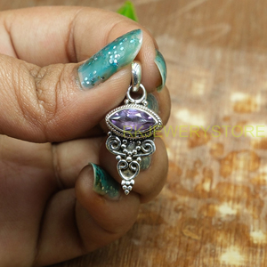 Natural Purple Amethyst Faceted Marquise Shape 925 Sterling Silver Handmade Vintage Tribal <b>Boho</b> Pendant <b>Necklace</b> Jewelry For Her - Product Image 4