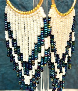 Boho Iridescent Blue, Gold, Black, and White Beaded Fringe <b>Earrings</b> with Lever <b>Back</b> Closures - Product Image 3