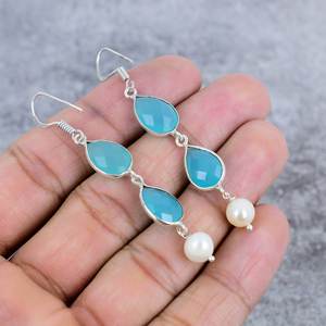 Pendientes colgantes de plata de ley 925 con perlas de Calcedonia Aqua, piedras preciosas con forma de pera a la moda para fiesta de boda, regalo para mujer - Product Image 4