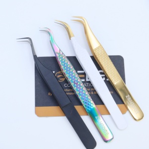 Pincettes à cils colorées Diamond Grip Boîte personnalisée Emballage Marque privée Pointe en fibre Volume Extension de cils Ensemble de pinces à épiler incurvées - Product Image 5